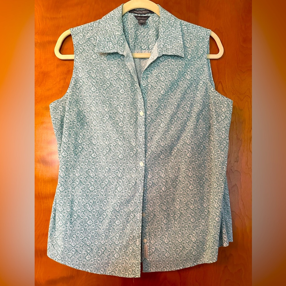 Eddie Bauer Green Patterned Wrinkle-free Button Down Sleeveless Shirt, Size L